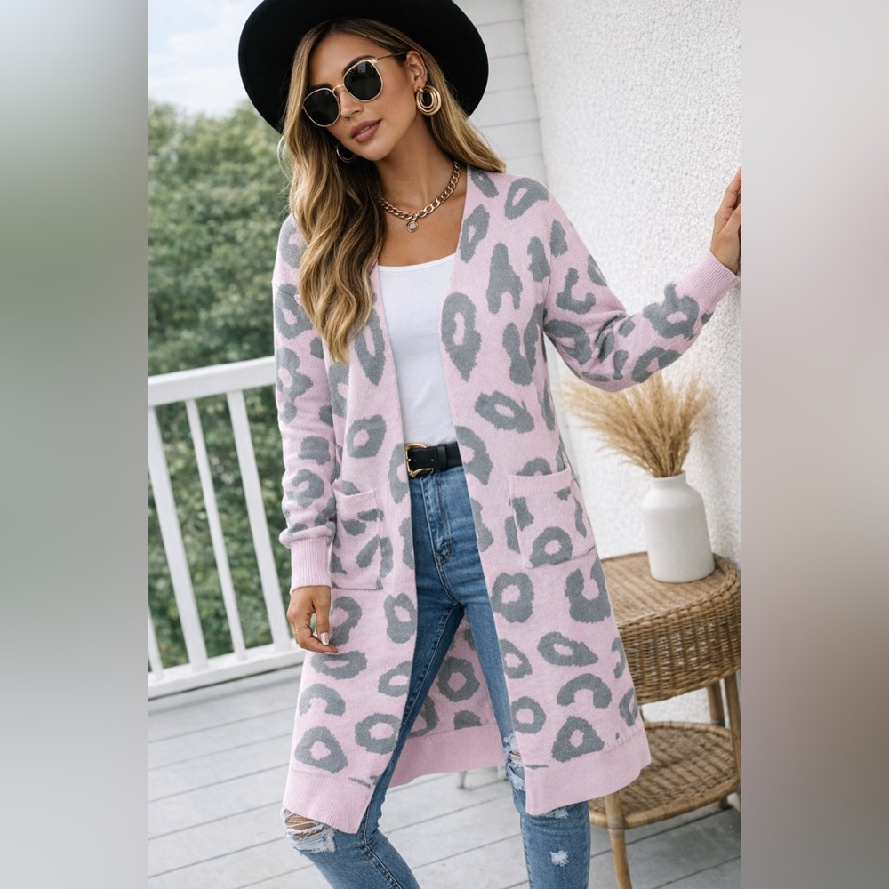 Pink Leopard Print Long Cardigan | Cozy Open Front Sweater